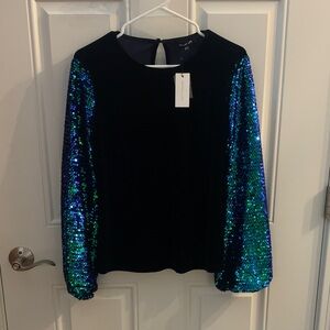 INC International Concepts Black Blouse with Iridescent Sequin Sleeves